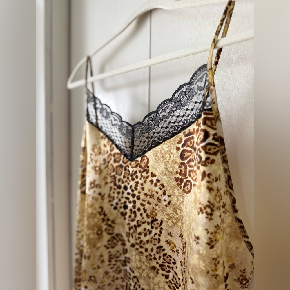 Vintage Leopard Print Maxi Slip Dress or Chemise with Black Lace Trim Size XL - Picture 6 of 9